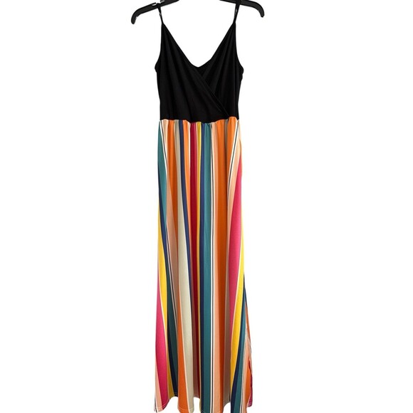 OUGES Women's Striped Summer Maxi Dress Adjustable Straps Size M Side Pockets - Picture 2 of 10